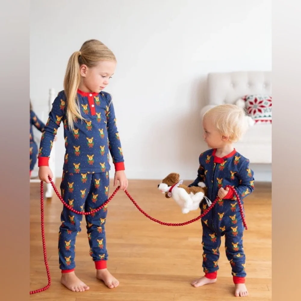 Smockingbird Blue Dasher The Reindeer Monogramed Christmas Zip Up Pajamas 6-9 m